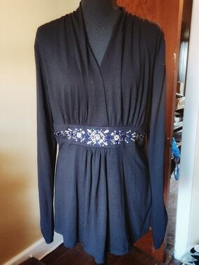 White House Black Market Black Long-Sleeve Embellished-Waist Top